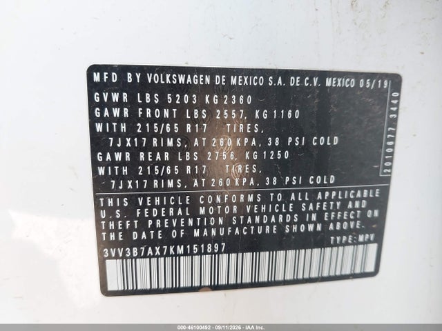 2019 Volkswagen Tiguan 2.0t Se/2.0t Sel/2.0t Sel R-line/2.0t Sel R-line Black მანქანა იყიდება აუქციონზე, vin: 3VV3B7AX7KM151897, აუქციონის ნომერი: 46100492