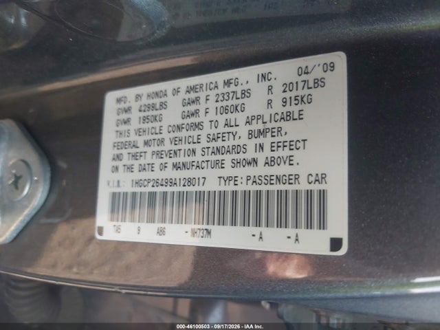 2009 Honda Accord 2.4 Lx-p მანქანა იყიდება აუქციონზე, vin: 1HGCP26499A128017, აუქციონის ნომერი: 46100503
