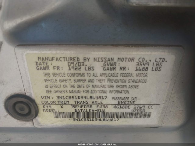 Aukcja sprzedaży 2004 Nissan Sentra 1.8s, vin: 3N1CB51D34L864817, numer aukcji: 46100507