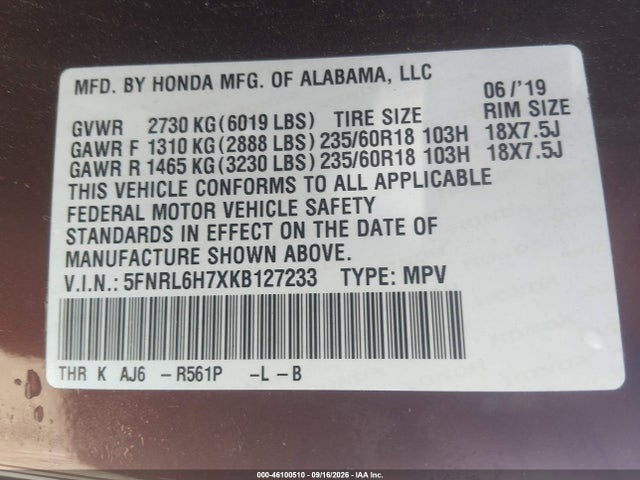 46100510 :رقم المزاد ، 5FNRL6H7XKB127233 vin ، 2019 Honda Odyssey Ex-l مزاد بيع