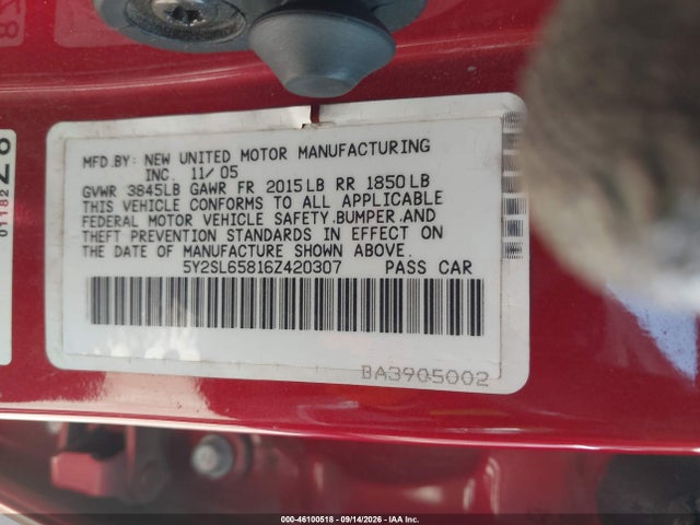 Aukcja sprzedaży 2006 Pontiac Vibe, vin: 5Y2SL65816Z420307, numer aukcji: 46100518