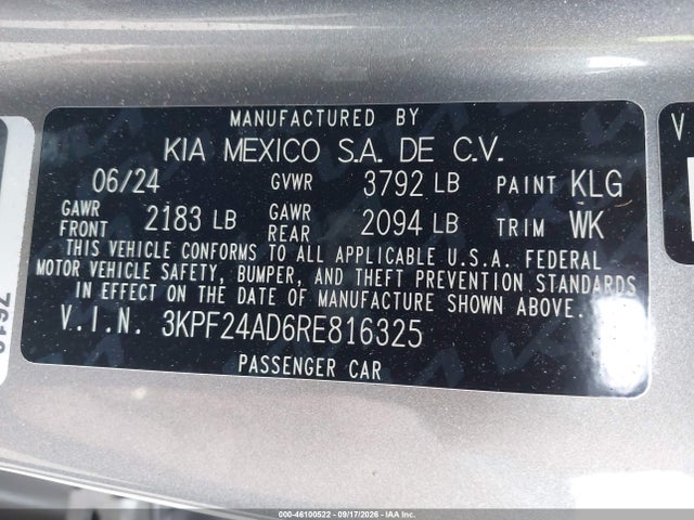 2024 Kia Forte Lxs მანქანა იყიდება აუქციონზე, vin: 3KPF24AD6RE816325, აუქციონის ნომერი: 46100522