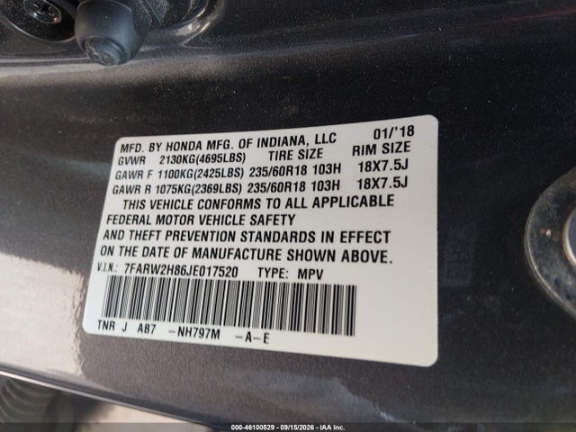 Продаж на аукціоні авто 2018 Honda Cr-v Ex-l/ex-l Navi, vin: 7FARW2H86JE017520, номер лоту: 46100529