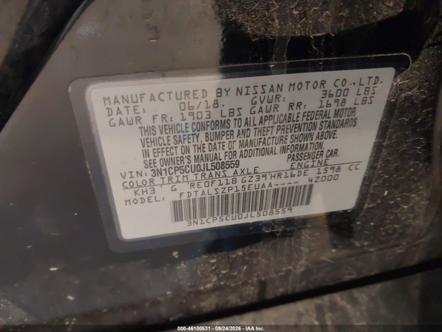 2018 Nissan Kicks Sv მანქანა იყიდება აუქციონზე, vin: 3N1CP5CU0JL508559, აუქციონის ნომერი: 46100531