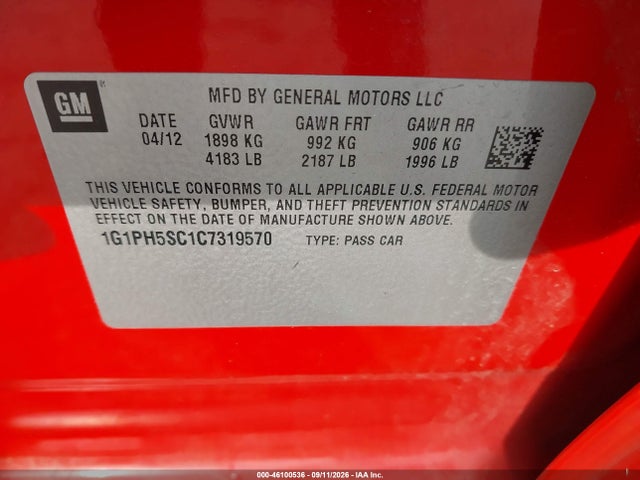 Продажа на аукционе авто 2012 Chevrolet Cruze Ltz, vin: 1G1PH5SC1C7319570, номер лота: 46100536