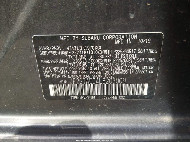 Aukcja sprzedaży 2020 Subaru Crosstrek Premium, vin: JF2GTAEC4L8203009, numer aukcji: 46100540