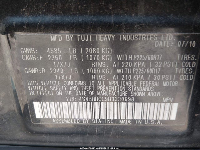 Продажа на аукционе авто 2011 Subaru Outback 2.5i Premium, vin: 4S4BRBCC9B3330698, номер лота: 46100543