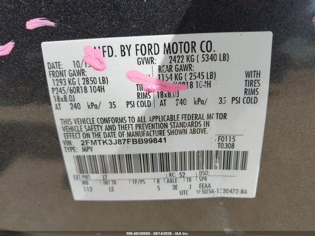 46100550 :رقم المزاد ، 2FMTK3J87FBB99841 vin ، 2015 Ford Edge Sel مزاد بيع