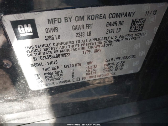 2020 Chevrolet Trax Fwd Ls მანქანა იყიდება აუქციონზე, vin: KL7CJKSB6LB070922, აუქციონის ნომერი: 46100573