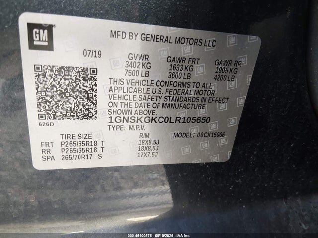 46100575 :رقم المزاد ، 1GNSKGKC0LR105650 vin ، 2020 Chevrolet Suburban 4wd Ls مزاد بيع