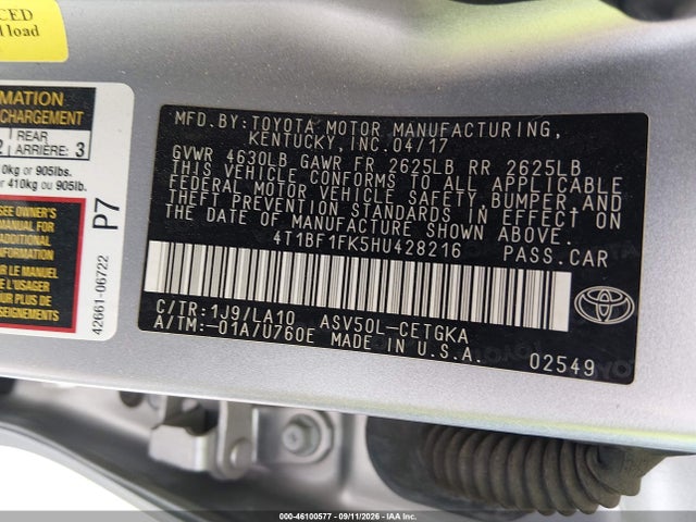 Toyota CAMRY XLE 2017 4T1BF1FK5HU428216 Image 9