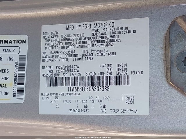 46100579 :رقم المزاد ، 1FA6P8CF5G5335388 vin ، 2016 Ford Mustang Gt مزاد بيع