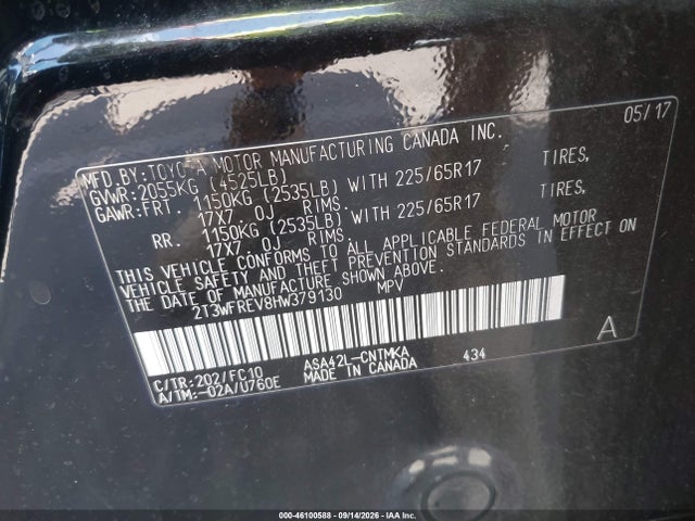 46100588 :رقم المزاد ، 2T3WFREV8HW379130 vin ، 2017 Toyota Rav4 Xle مزاد بيع