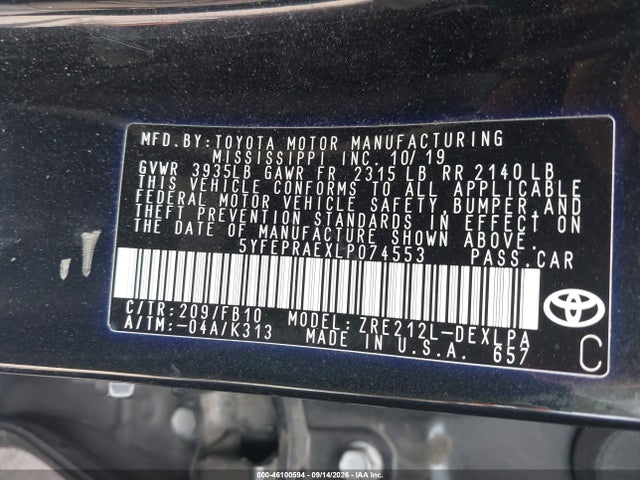 Продажа на аукционе авто 2020 Toyota Corolla Le, vin: 5YFEPRAEXLP074553, номер лота: 46100594