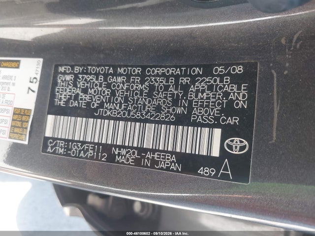 Продаж на аукціоні авто 2008 Toyota Prius, vin: JTDKB20U583422826, номер лоту: 46100602