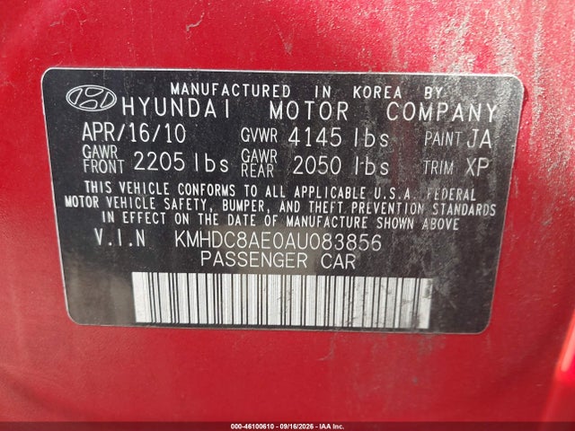 2010 Hyundai Elantra Touring Gls მანქანა იყიდება აუქციონზე, vin: KMHDC8AE0AU083856, აუქციონის ნომერი: 46100610