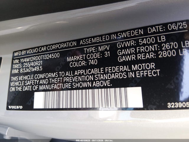 2026 Volvo Xc60 B5 Ultra Black Edition მანქანა იყიდება აუქციონზე, vin: YV4M12RD0T1324500, აუქციონის ნომერი: 46100628
