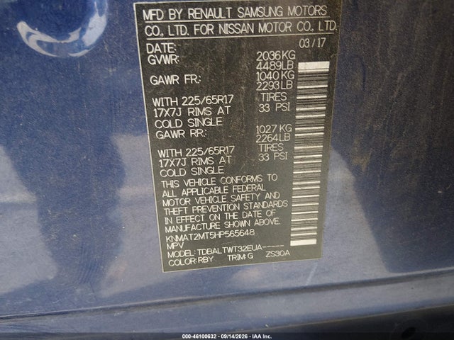 46100632 :رقم المزاد ، KNMAT2MT5HP565648 vin ، 2017 Nissan Rogue Sv مزاد بيع