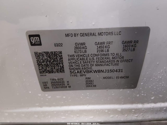 46100635 :رقم المزاد ، 5GAEVBKW8NJ150431 vin ، 2022 Buick Enclave Awd Premium مزاد بيع