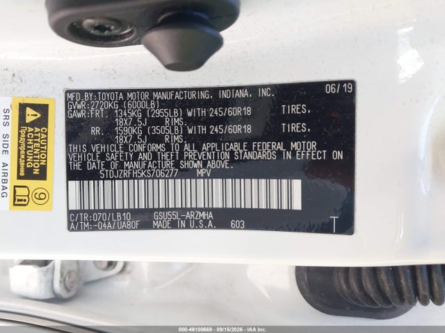 2019 Toyota Highlander Xle მანქანა იყიდება აუქციონზე, vin: 5TDJZRFH5KS706277, აუქციონის ნომერი: 46100669