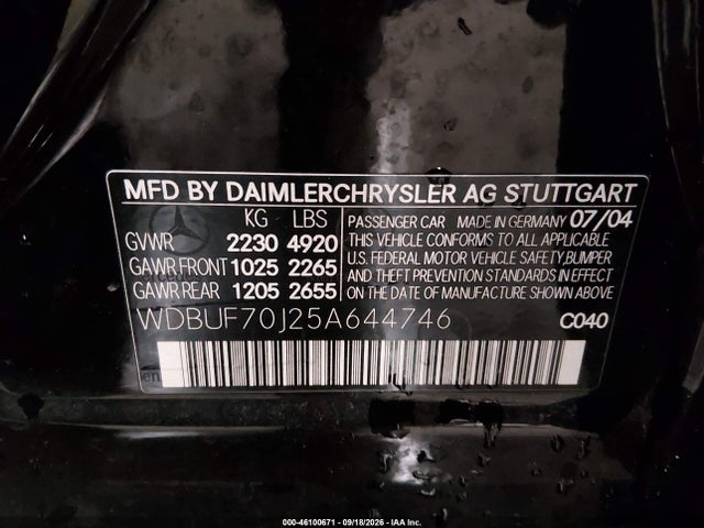 46100671 :رقم المزاد ، WDBUF70J25A644746 vin ، 2005 Mercedes-benz E 500 مزاد بيع