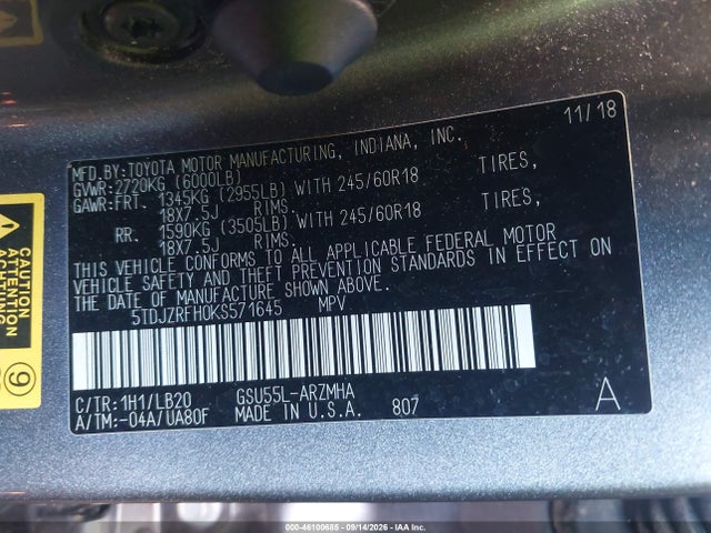46100685 :رقم المزاد ، 5TDJZRFH0KS571645 vin ، 2019 Toyota Highlander Xle مزاد بيع