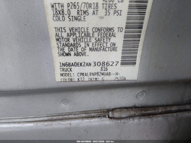 Продаж на аукціоні авто 2010 Nissan Titan Xe, vin: 1N6BA0EK2AN308627, номер лоту: 46100686
