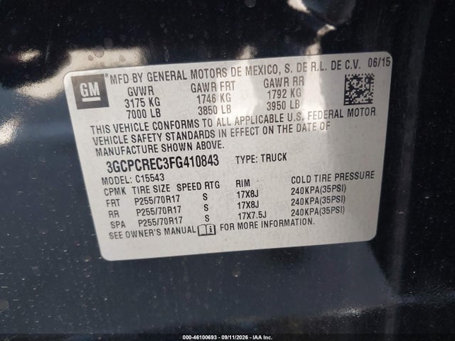 Aukcja sprzedaży 2015 Chevrolet Silverado 1500 1lt, vin: 3GCPCREC3FG410843, numer aukcji: 46100693