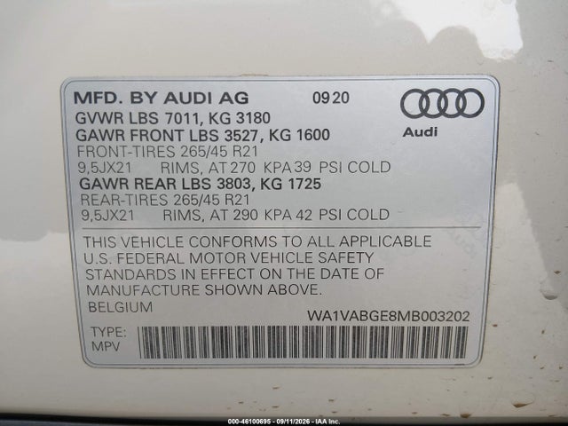 2021 Audi E-tron Prestige Quattro მანქანა იყიდება აუქციონზე, vin: WA1VABGE8MB003202, აუქციონის ნომერი: 46100695
