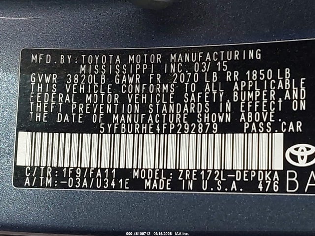 Toyota COROLLA L 2015 5YFBURHE4FP292879 Image 9