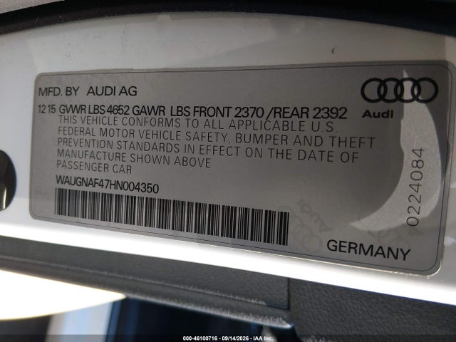 Продажа на аукционе авто 2017 Audi A4 2.0t Premium, vin: WAUGNAF47HN004350, номер лота: 46100716