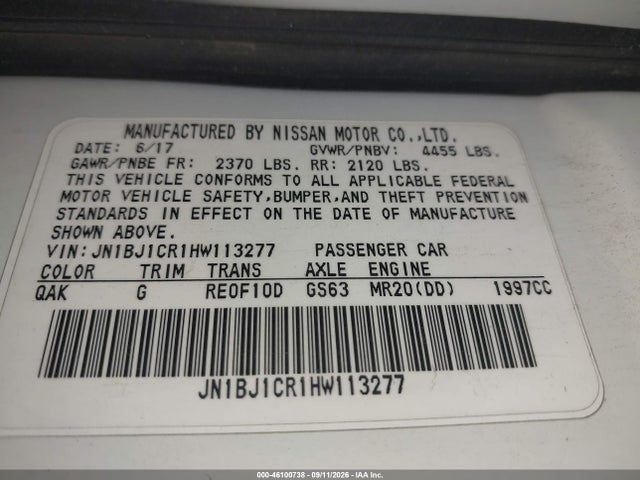 46100738 :رقم المزاد ، JN1BJ1CR1HW113277 vin ، 2017 Nissan Rogue Sport Sv مزاد بيع
