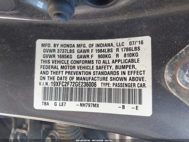 Продаж на аукціоні авто 2016 Honda Civic Ex, vin: 19XFC2F72GE236006, номер лоту: 46100740