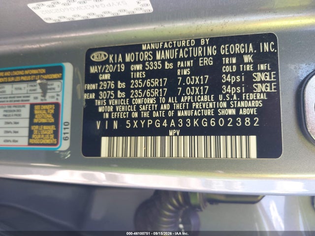 Продажа на аукционе авто 2019 Kia Sorento 2.4l L, vin: 5XYPG4A33KG602382, номер лота: 46100751