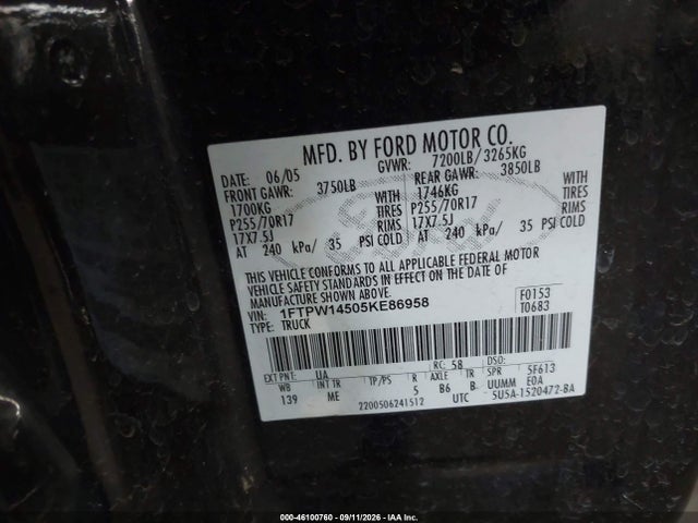Продаж на аукціоні авто 2005 Ford F-150 Fx4/lariat/xlt, vin: 1FTPW14505KE86958, номер лоту: 46100760