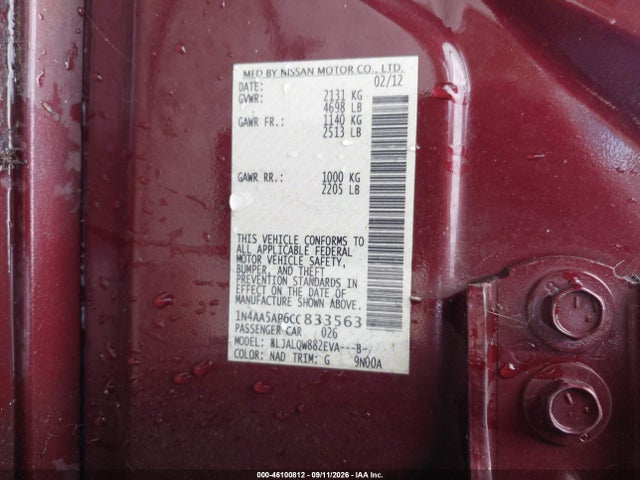 46100812 :رقم المزاد ، 1N4AA5AP6CC833563 vin ، 2012 Nissan Maxima 3.5 S مزاد بيع
