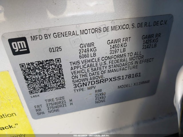 46100826 :رقم المزاد ، 3GN7DSRPXSS178161 vin ، 2025 Chevrolet Equinox Ev Rs مزاد بيع