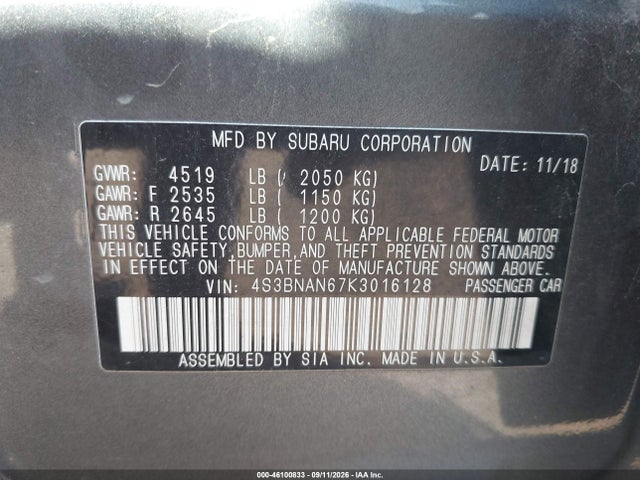 Продаж на аукціоні авто 2019 Subaru Legacy 2.5i Limited, vin: 4S3BNAN67K3016128, номер лоту: 46100833