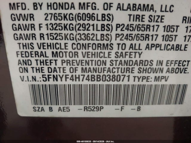 Продажа на аукционе авто 2011 Honda Pilot Ex-l, vin: 5FNYF4H74BB038071, номер лота: 46100835