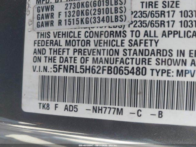Honda Odyssey Ex-l 2015 5FNRL5H62FB065480 Image 9