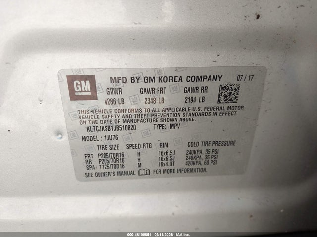 Aukcja sprzedaży 2018 Chevrolet Trax Ls, vin: KL7CJKSB1JB510820, numer aukcji: 46100851
