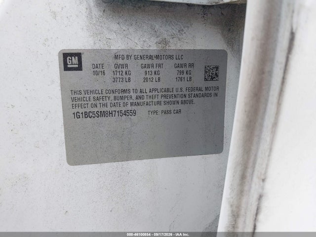 46100854 :رقم المزاد ، 1G1BC5SM8H7154559 vin ، 2017 Chevrolet Cruze Ls Auto مزاد بيع