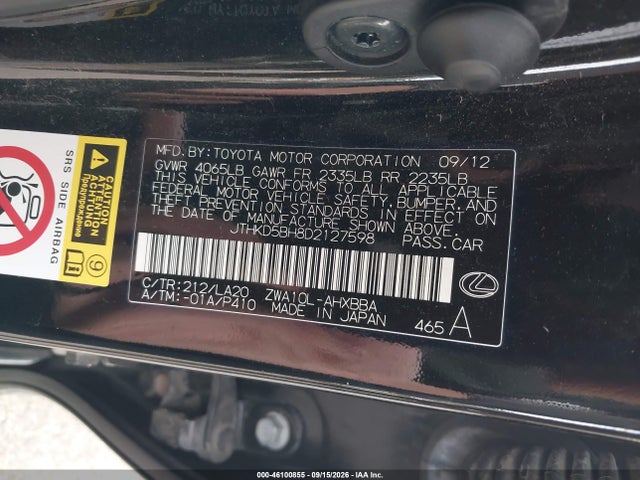 Aukcja sprzedaży 2013 Lexus Ct 200h, vin: JTHKD5BH8D2127598, numer aukcji: 46100855
