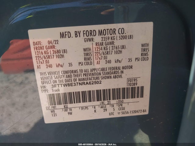 Продажа на аукционе авто 2022 Ford Maverick Xl, vin: 3FTTW8E37NRA62502, номер лота: 46100864