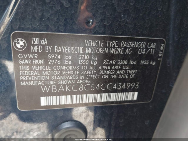 Продажа на аукционе авто 2012 Bmw 750li Xdrive, vin: WBAKC8C54CC434993, номер лота: 46100865