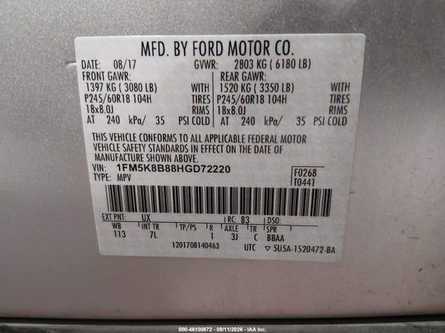 Продажа на аукционе авто 2017 Ford Explorer, vin: 1FM5K8B88HGD72220, номер лота: 46100872