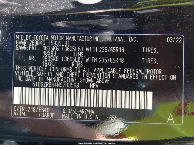 46100874 :رقم المزاد ، 5TDGZRBH4NS203568 vin ، 2022 Toyota Highlander Xle مزاد بيع