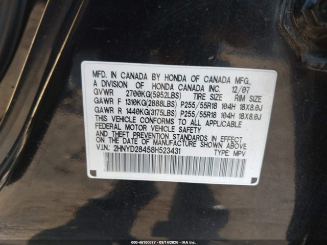 Aukcja sprzedaży 2008 Acura Mdx Technology Package, vin: 2HNYD28458H523431, numer aukcji: 46100877