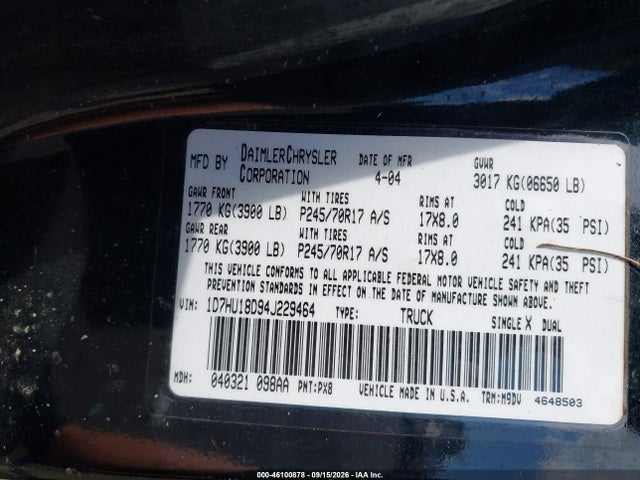 46100878 :رقم المزاد ، 1D7HU18D94J229464 vin ، 2004 Dodge Ram 1500 St/slt مزاد بيع