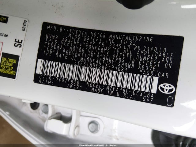 Продаж на аукціоні авто 2024 Toyota Corolla Le, vin: 5YFB4MDE2RP111081, номер лоту: 46100885